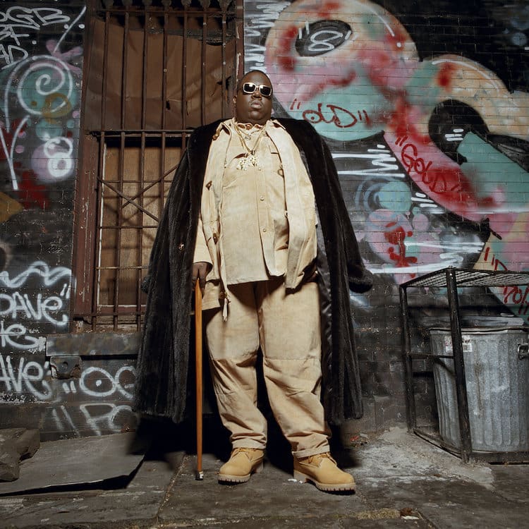 The Notorious B.I.G. photographed for an urban photo shoot.
